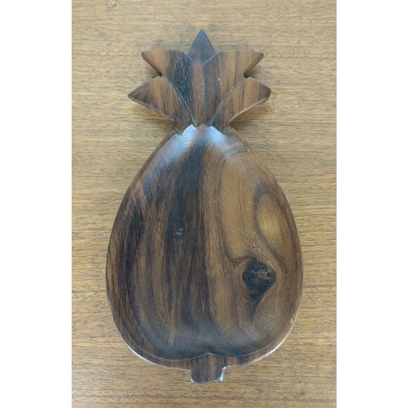 Monkey Pod Wood Pineapple Trinket Dish Bowl Spoon Rest Made Philippines 6" x 12" - Picture 3 of 6